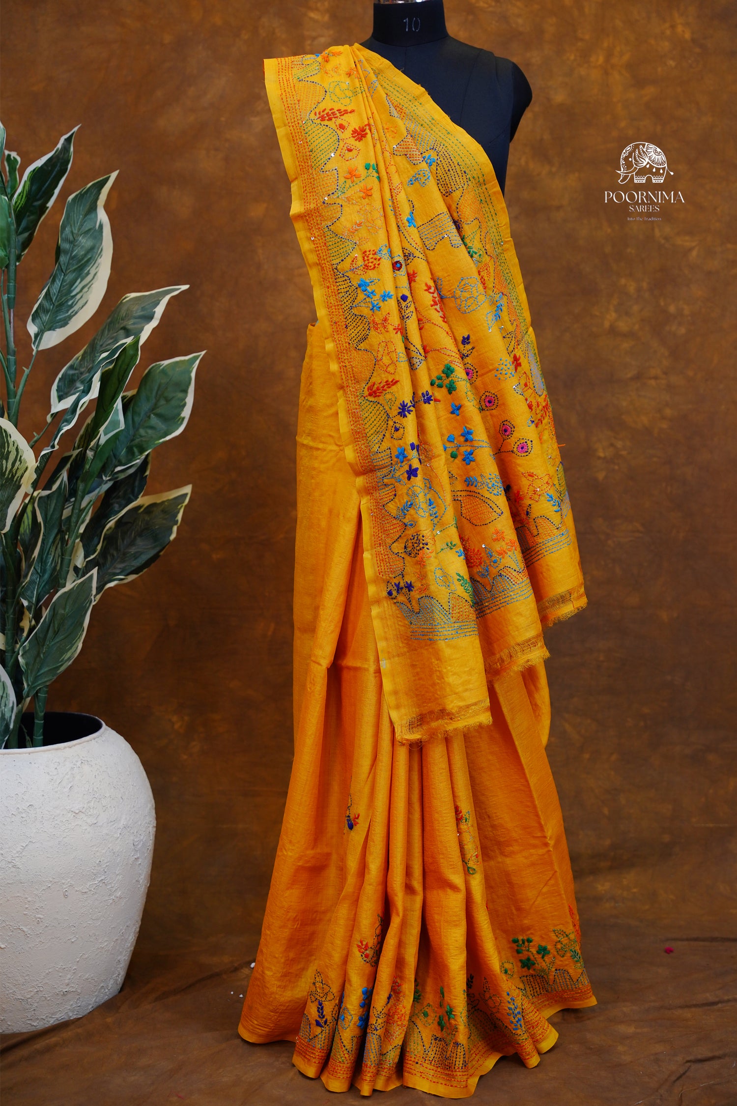 TUSSAR WORK SAREE - YELLOW