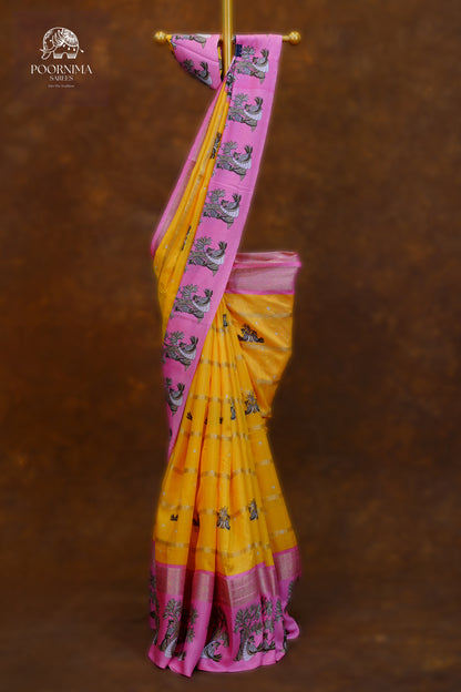 DOLA SILK SAREE - YELLOW AND PINK