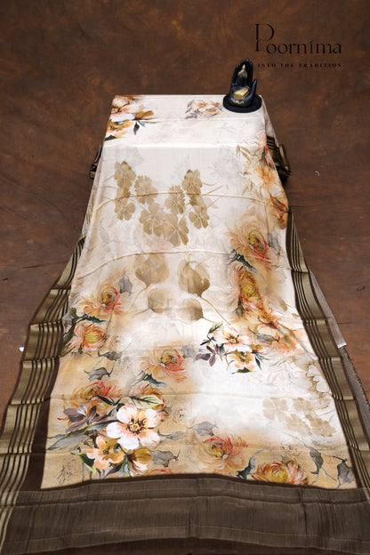 SEMI MYSORE SILK PRINTED SAREE-CREAM