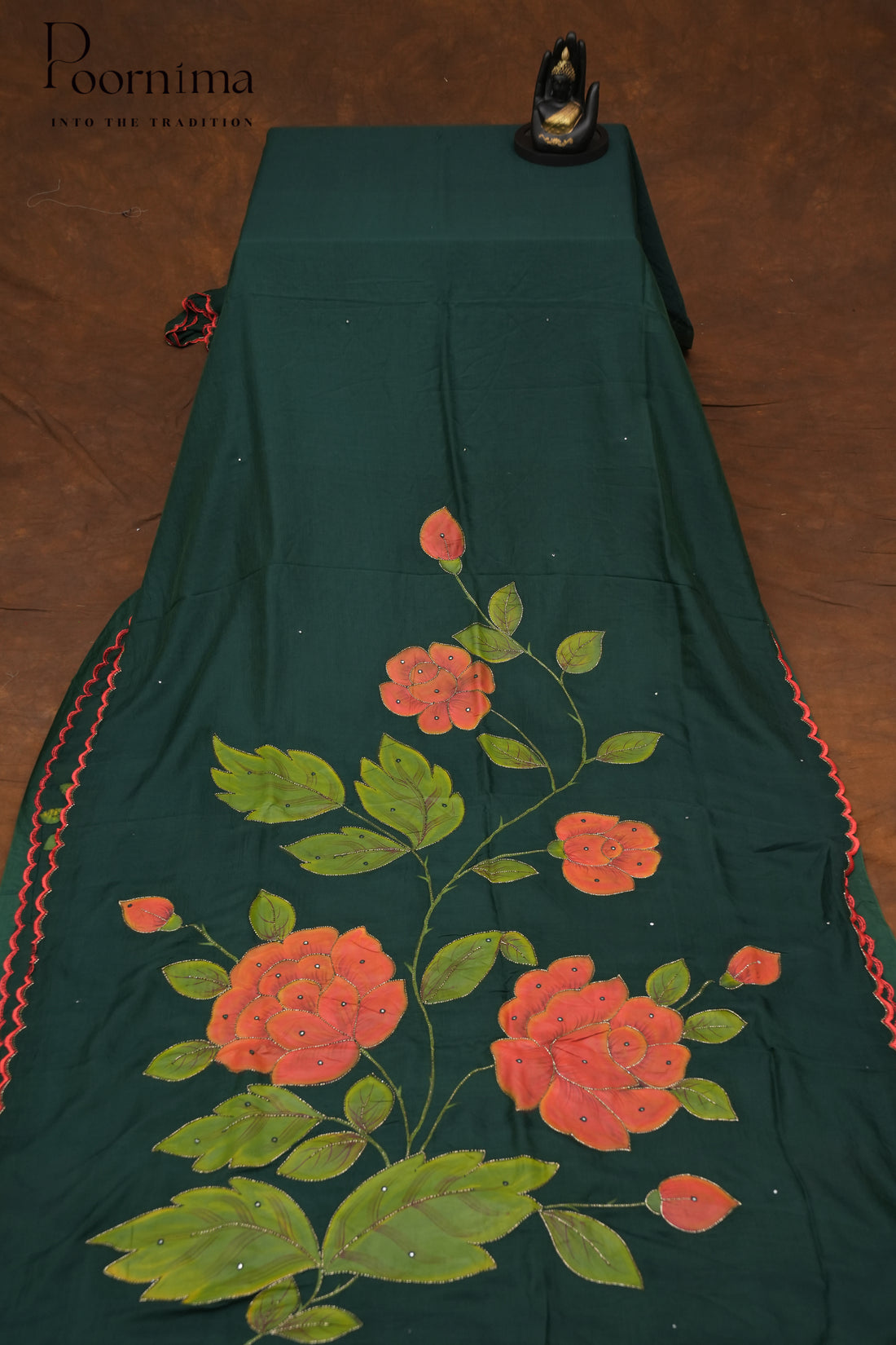 MANGALAGIRI HAND PRINTED SAREE-BOTTLE GREEN