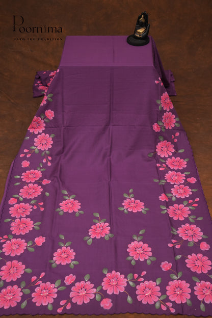 MANGALAGIRI HAND PRINTED SAREE- BRINJAL