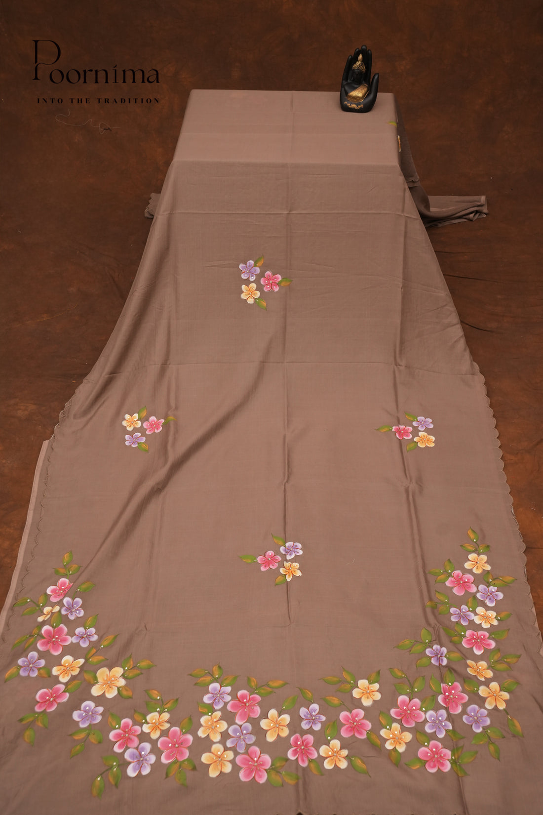 MANGALAGIRI HAND PRINTED SAREE-LIGHT BROWN