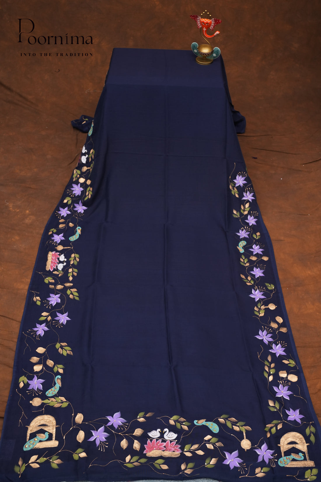 MANGALAGIRI HAND PRINTED SAREE-NAVY BLUE