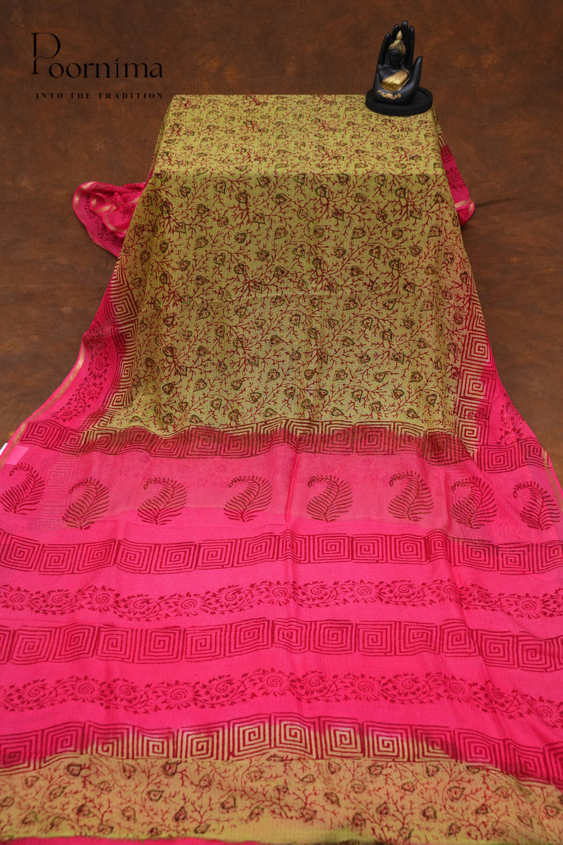 CHECKS GEORGETTE BLOCK PRINT SAREE-PIST GREEN