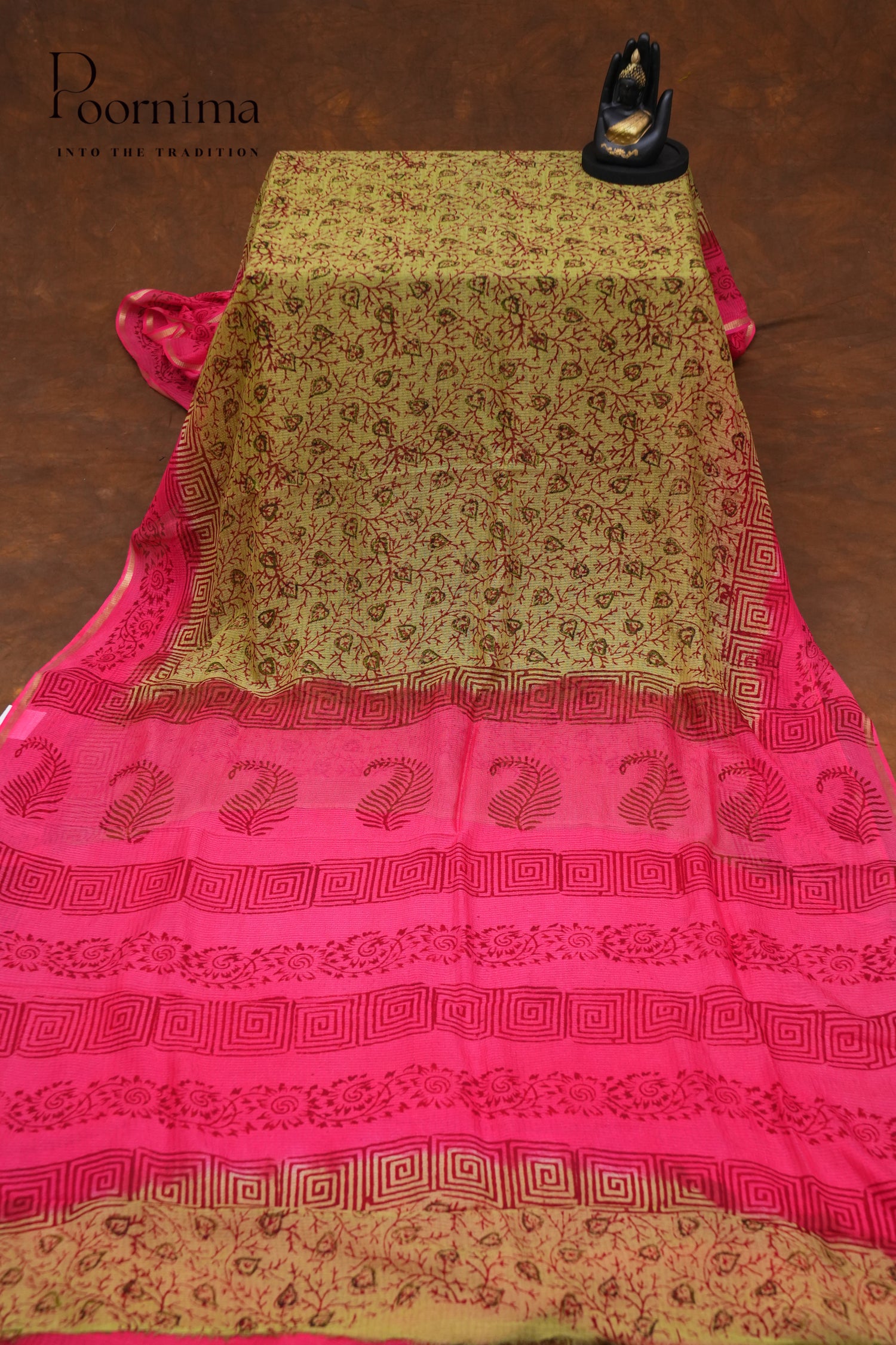 CHECKS GEORGETTE BLOCK PRINT SAREE-PIST GREEN