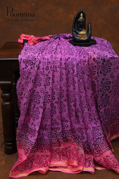 CHECKS GEORGETTE BLOCK PRINT SAREE- PURPLE