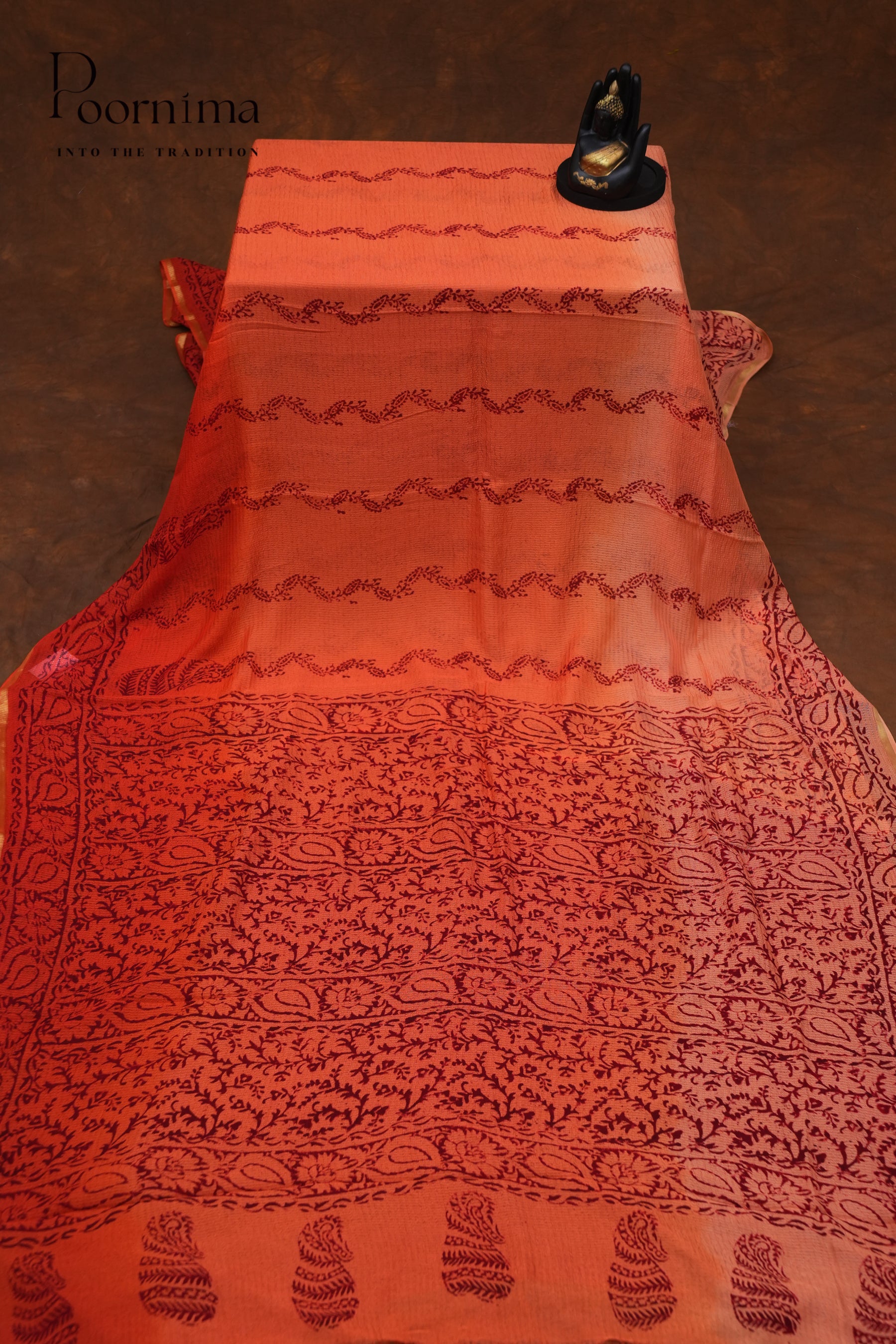 CHECKS GEORGETTE BLOCK PRINT SAREE-PEACH ORANGE