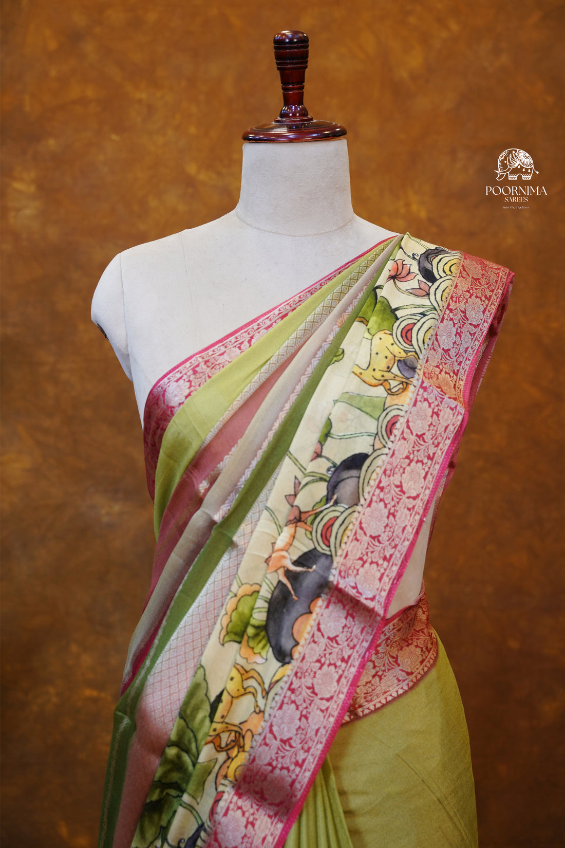 MYSORE CRAPE DIGITAL PRINTED SAREE - OLIVE GREEN