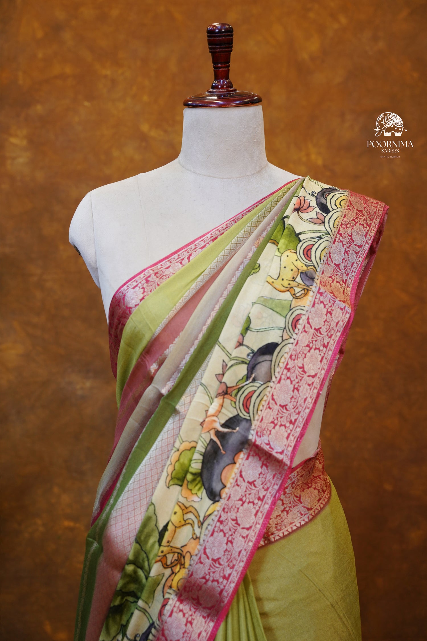 MYSORE CRAPE DIGITAL PRINTED SAREE - OLIVE GREEN