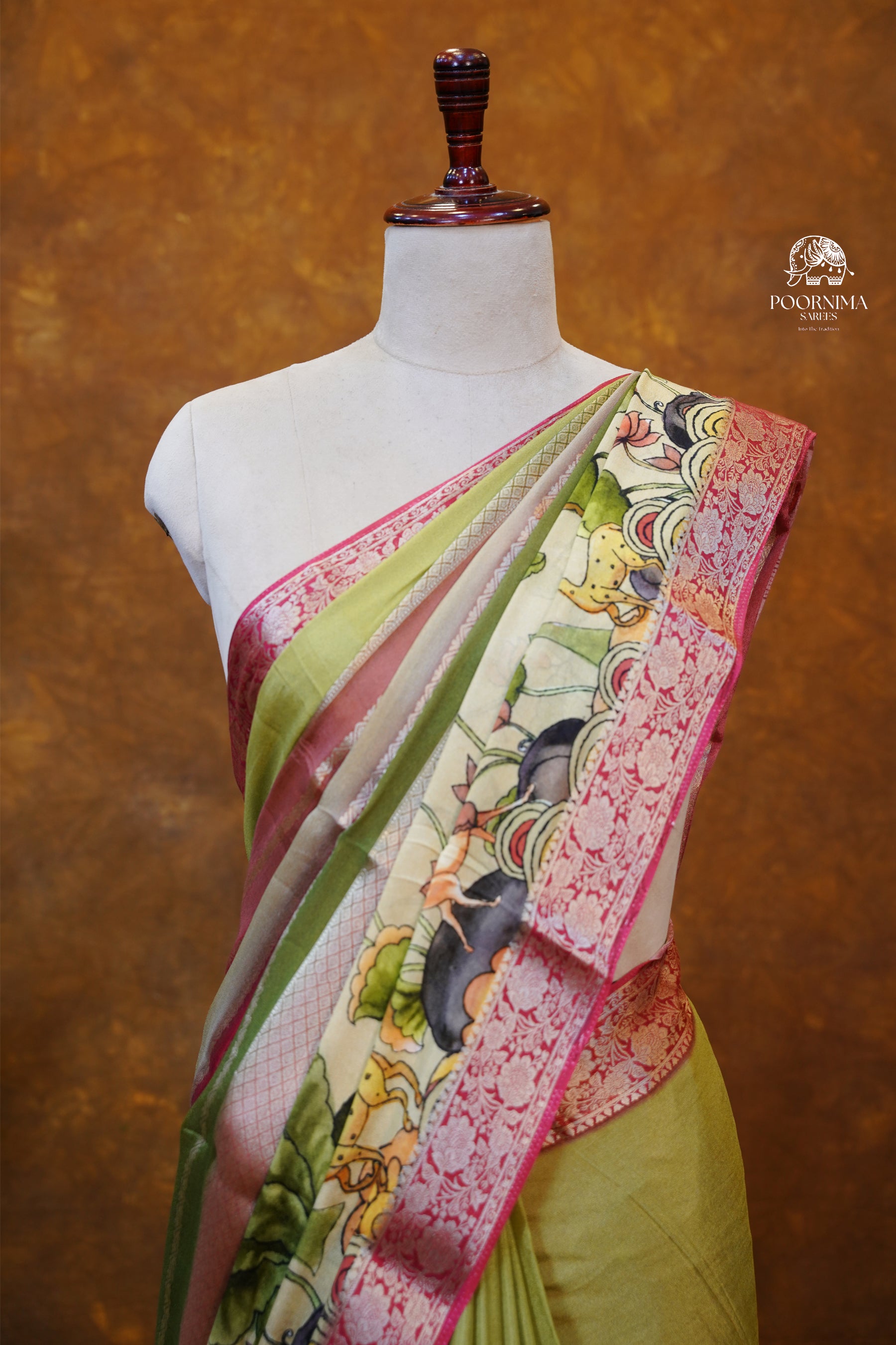 MYSORE CRAPE DIGITAL PRINTED SAREE - OLIVE GREEN