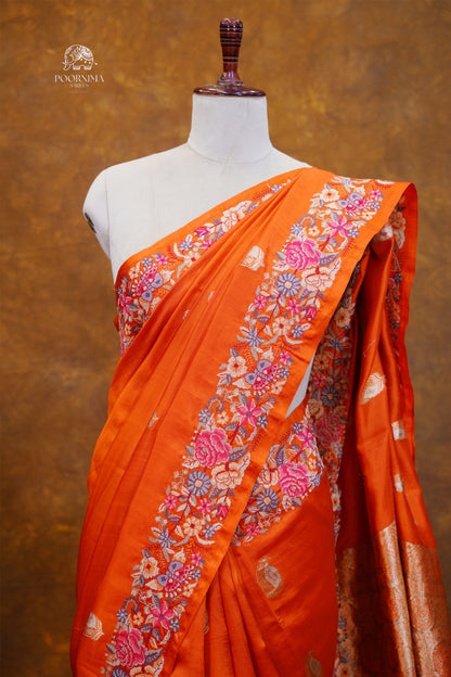 BANARASI PATTU WITH PETIT POINT WORK SAREE - ORANGE