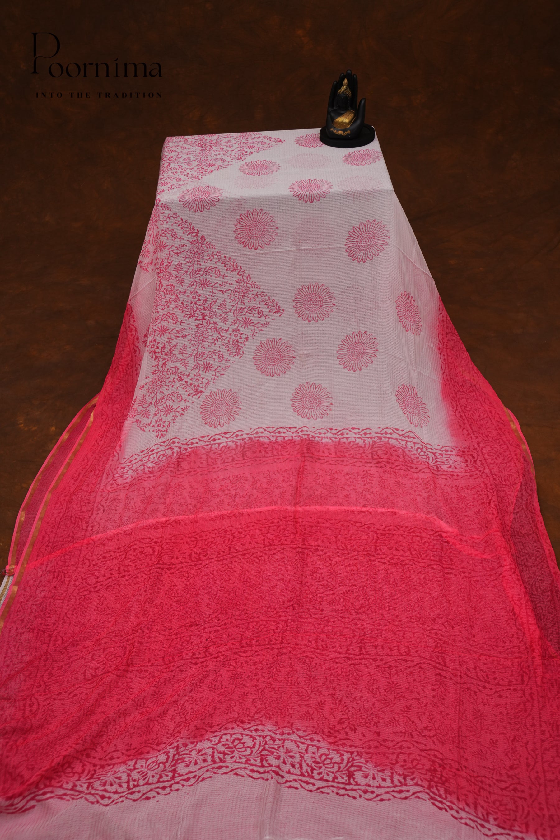 CHECKS GEORGETTE BLOCK PRINT SAREE-WHITE