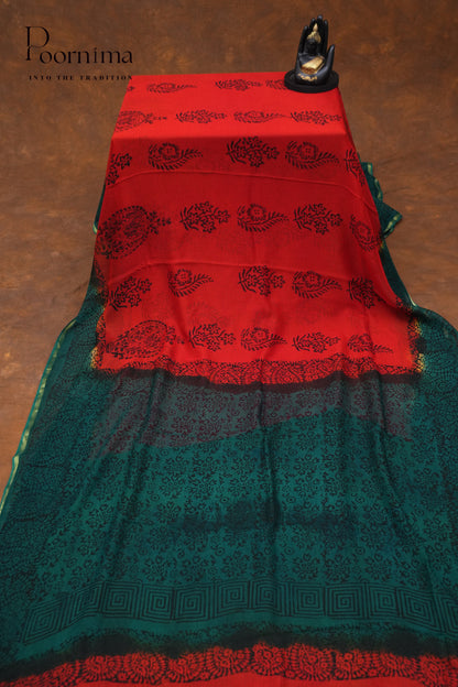 CHECKS GEORGETTE BLOCK PRINT SAREE- TOMATO RED