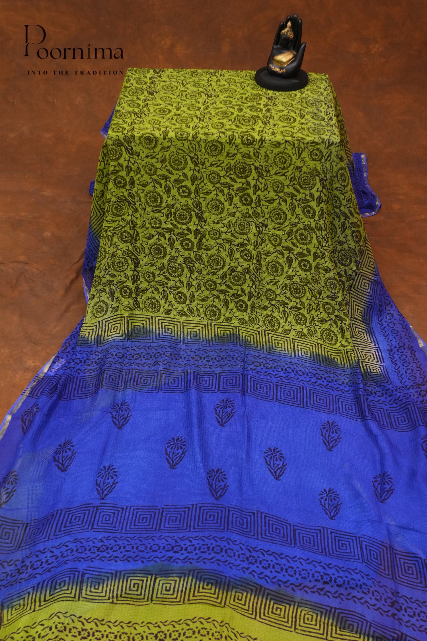 CHECKS GEORGETTEBLOCK PRINT SAREE-PARROT GREEN
