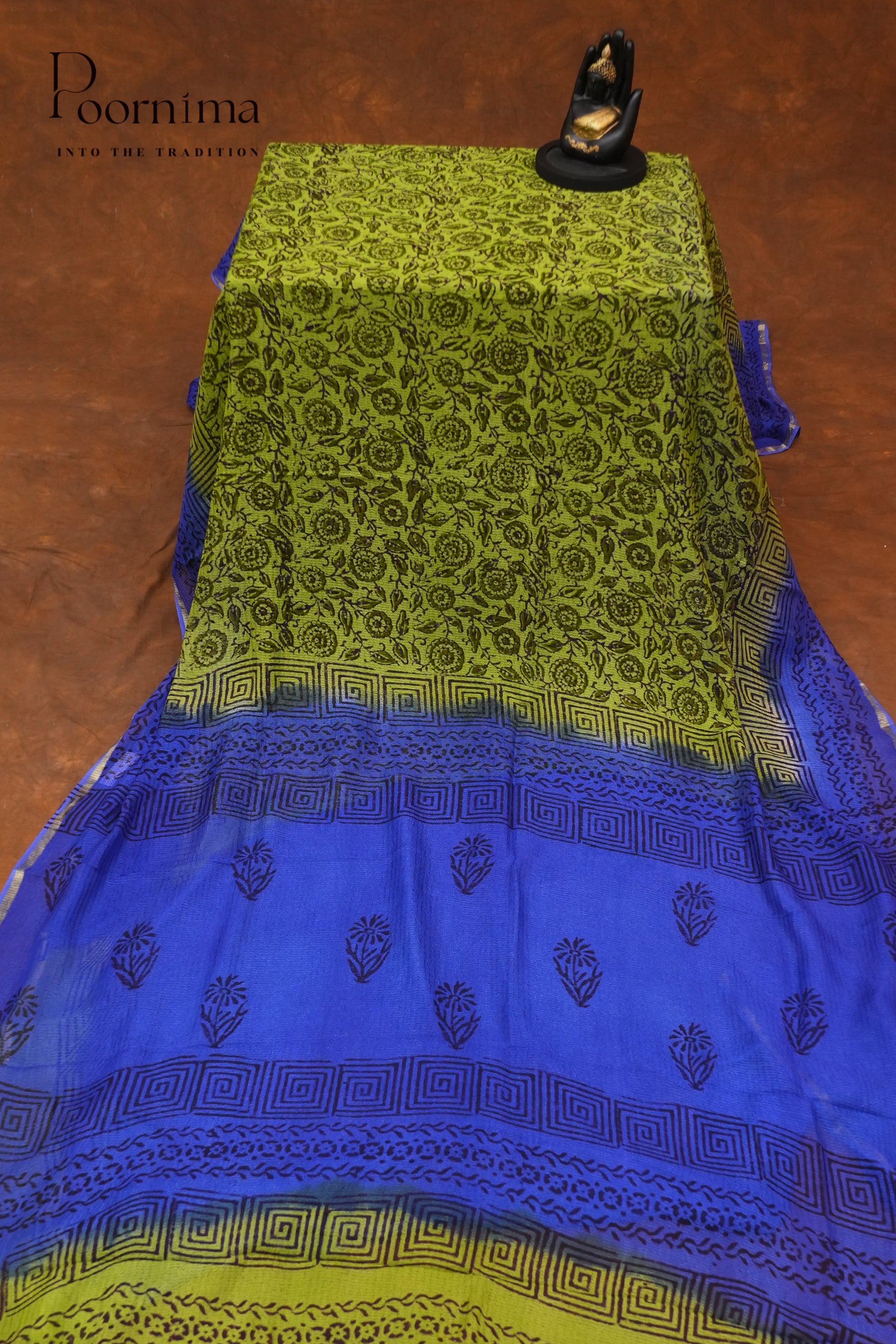 CHECKS GEORGETTEBLOCK PRINT SAREE-PARROT GREEN