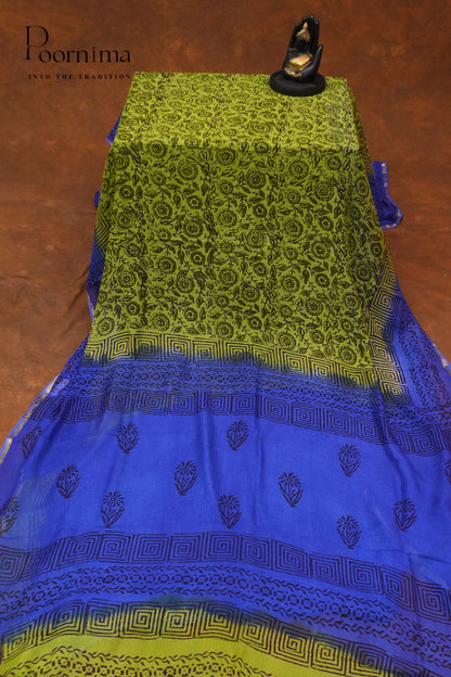 CHECKS GEORGETTEBLOCK PRINT SAREE-PARROT GREEN