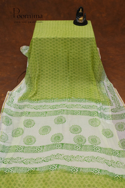 CHECKS GEORGETTE BLOCK PRINT SAREE-PARROT GREEN