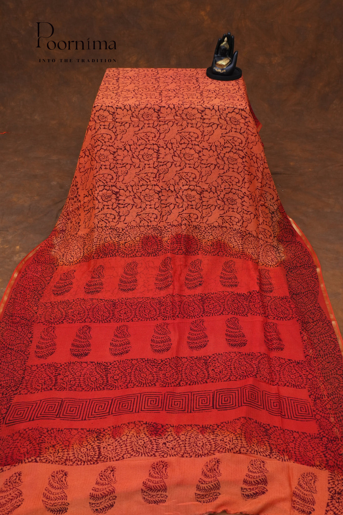 CHECKS GEORGETTE BLOCK PRINT SAREE- RUST