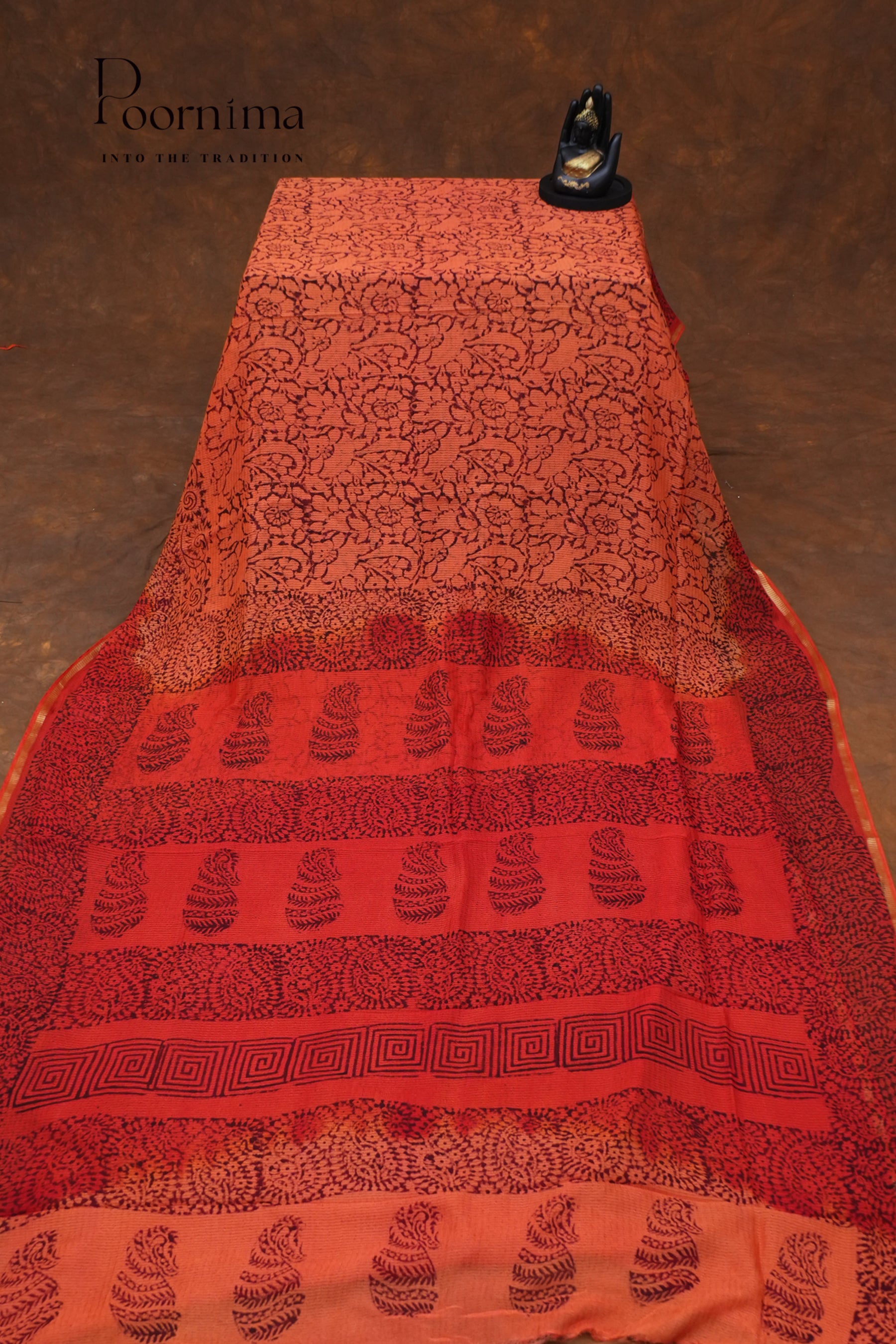 CHECKS GEORGETTE BLOCK PRINT SAREE- RUST