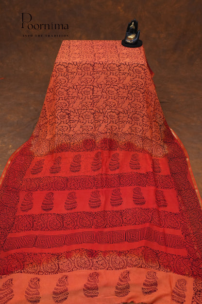 CHECKS GEORGETTE BLOCK PRINT SAREE- RUST