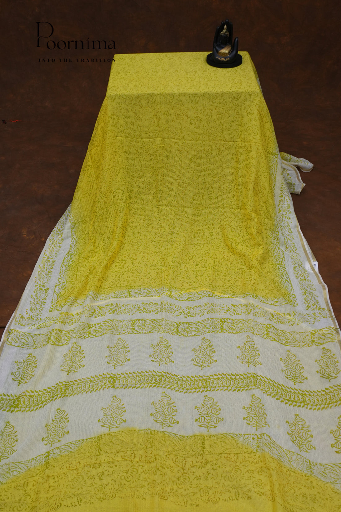 CHECKS GEORGETTE BLOCK PRINT SAREE-LEMON YELLOW
