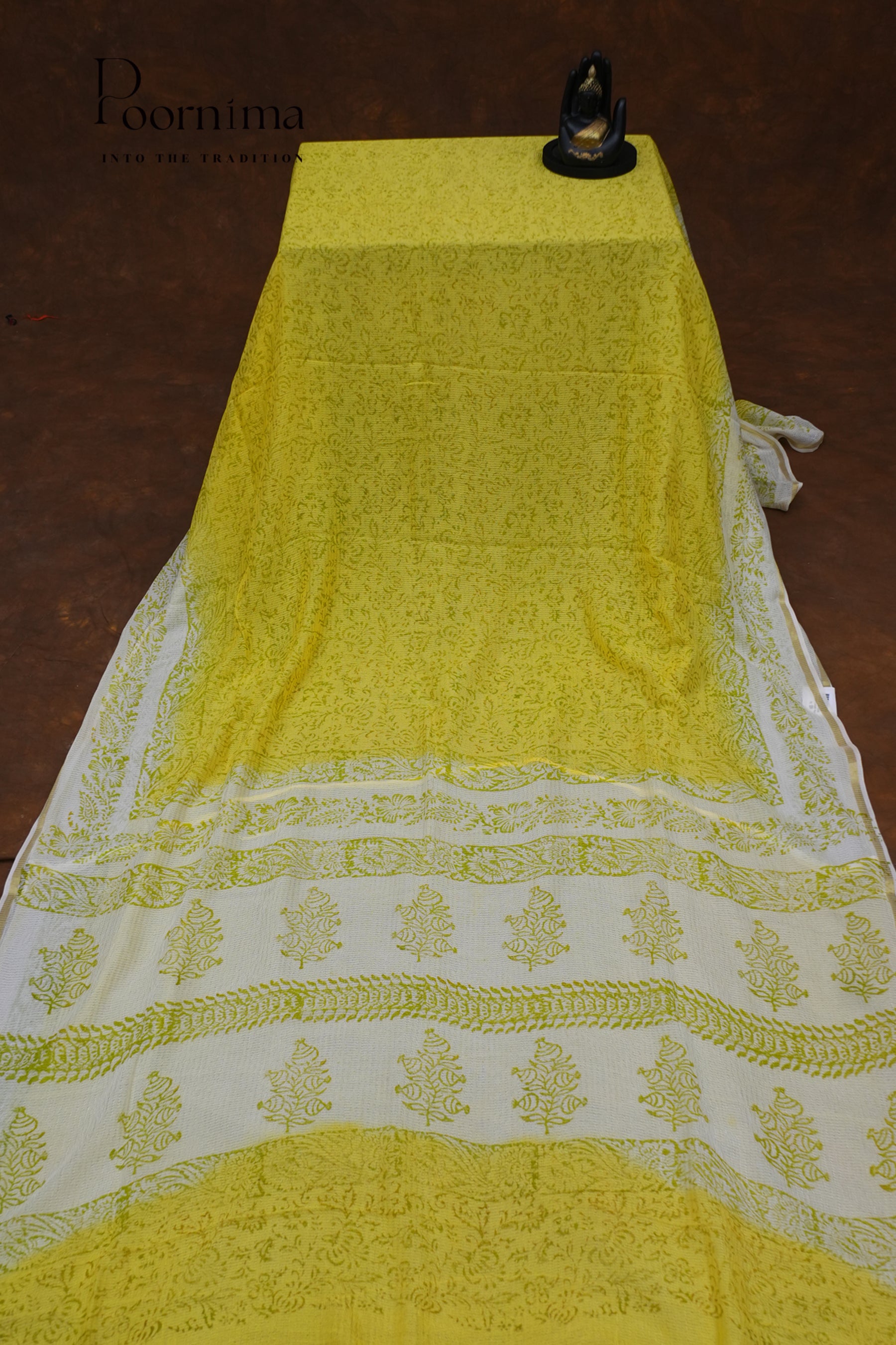 CHECKS GEORGETTE BLOCK PRINT SAREE-LEMON YELLOW