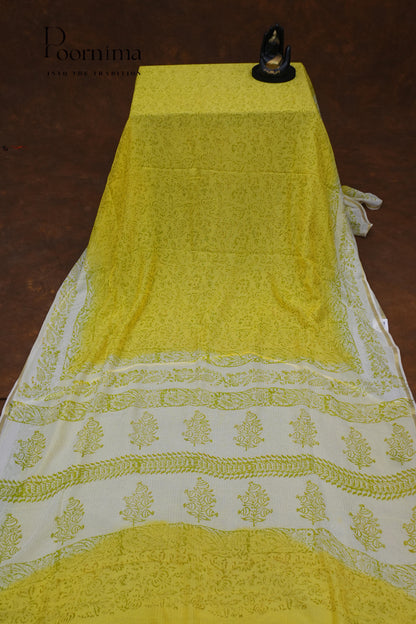 CHECKS GEORGETTE BLOCK PRINT SAREE-LEMON YELLOW