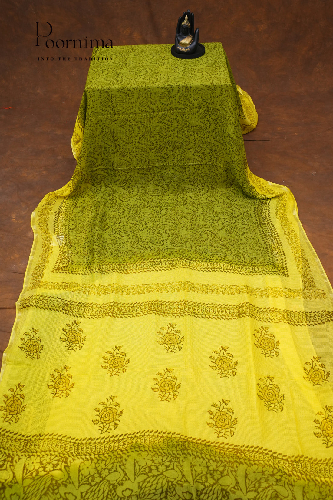 CHECKS GEORGETTE BLOCK PRINT SAREE-PISTA GREEN