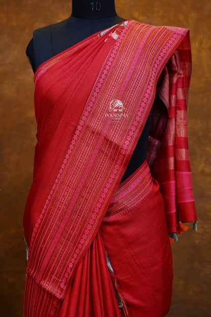 HANDLOOM TUSSAR SAREE - RED