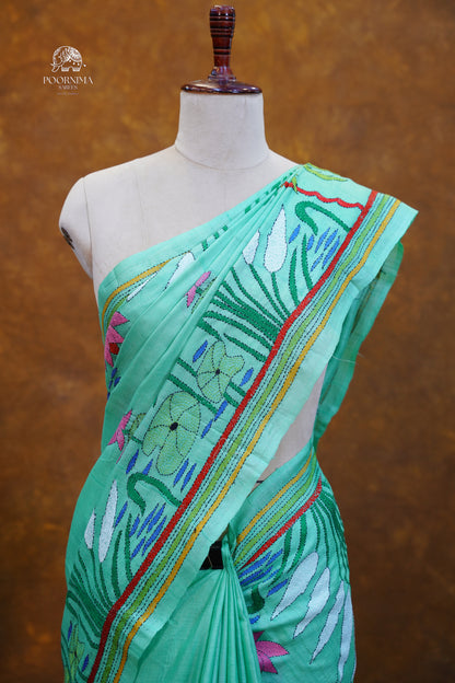 HANDLOOM TUSSAR SAREE -  MINT GREEN