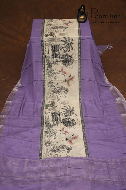 SEMI MYSORE SILK PRINTED SAREE-HALF WHITE