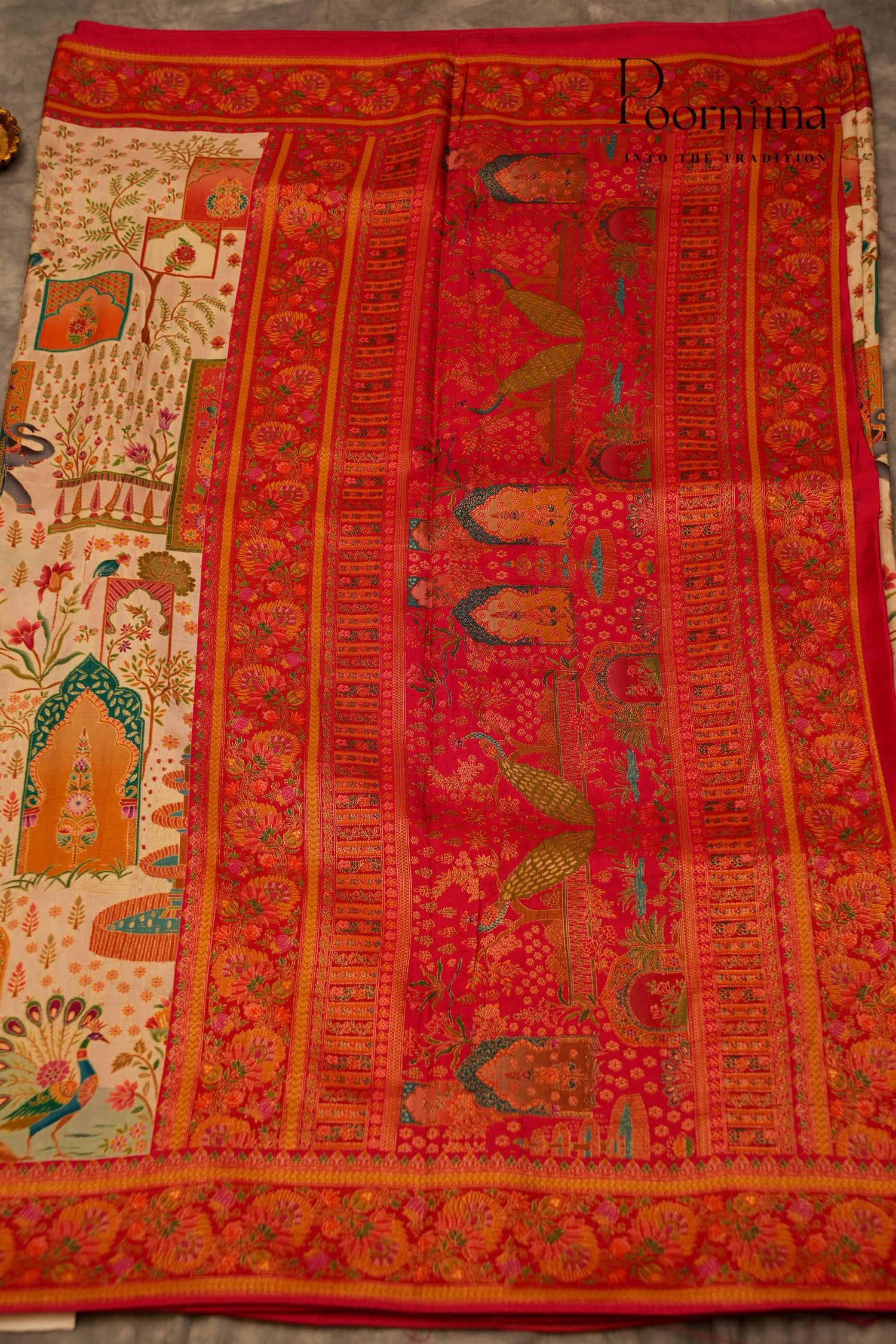 KASHMIR SILK SAREE- HALF WHITE