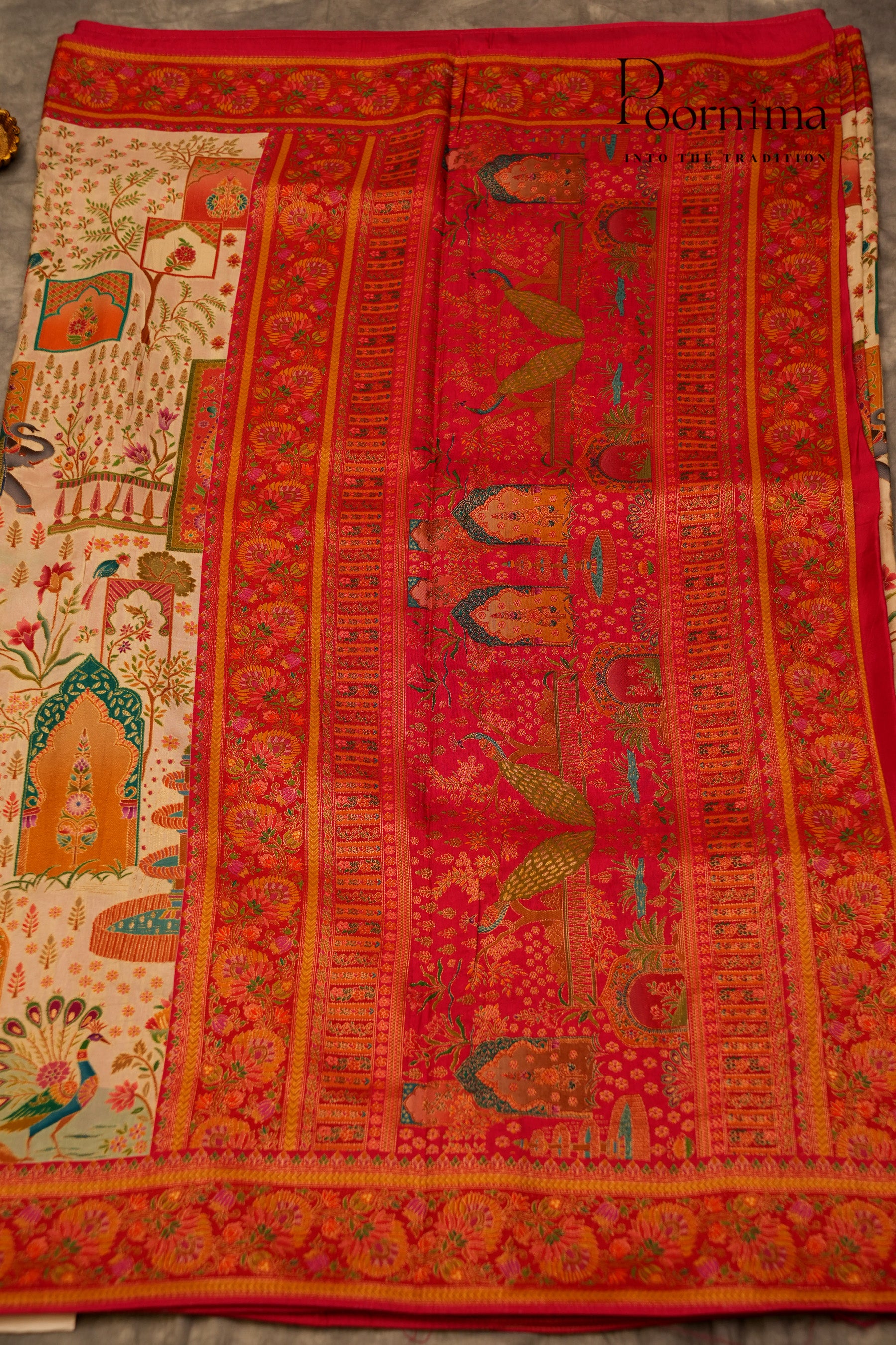 KASHMIR SILK SAREE- HALF WHITE