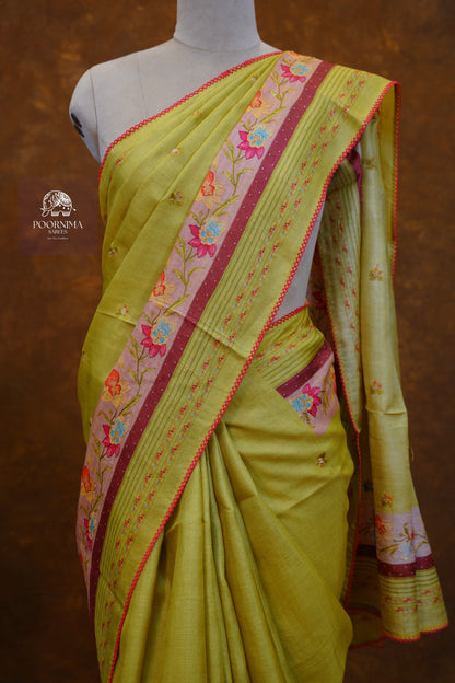 HANDLOOM TUSSAR SAREE - WARM OLIVE