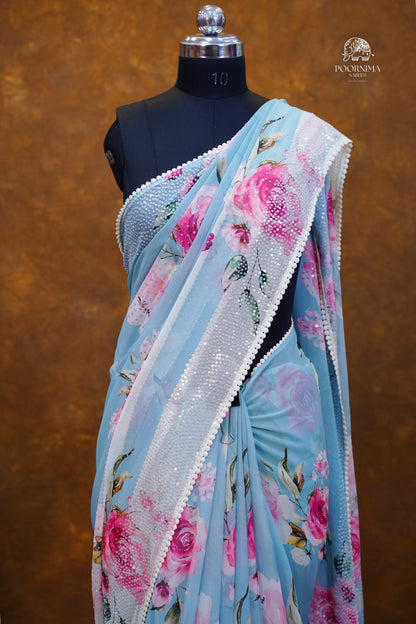 GEORGETTE DIGITAL PRINT SAREE - SKY BLUE