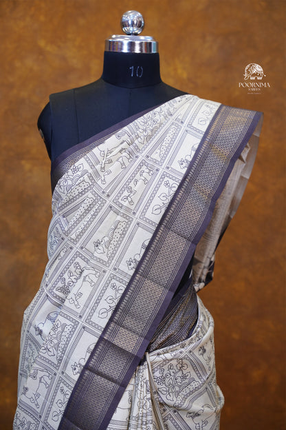 MUNGA TUSSAR SAREE- HALF WHITE