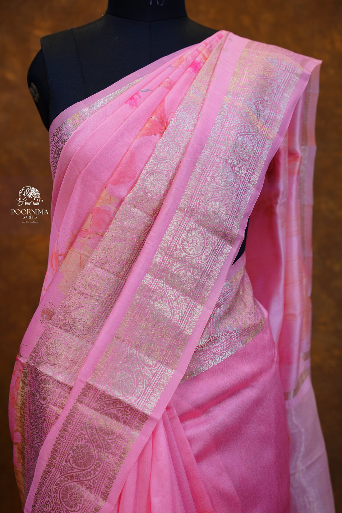 BANARASI SILK FUSION SAREE WITH DIGITAL PRINT-PINK