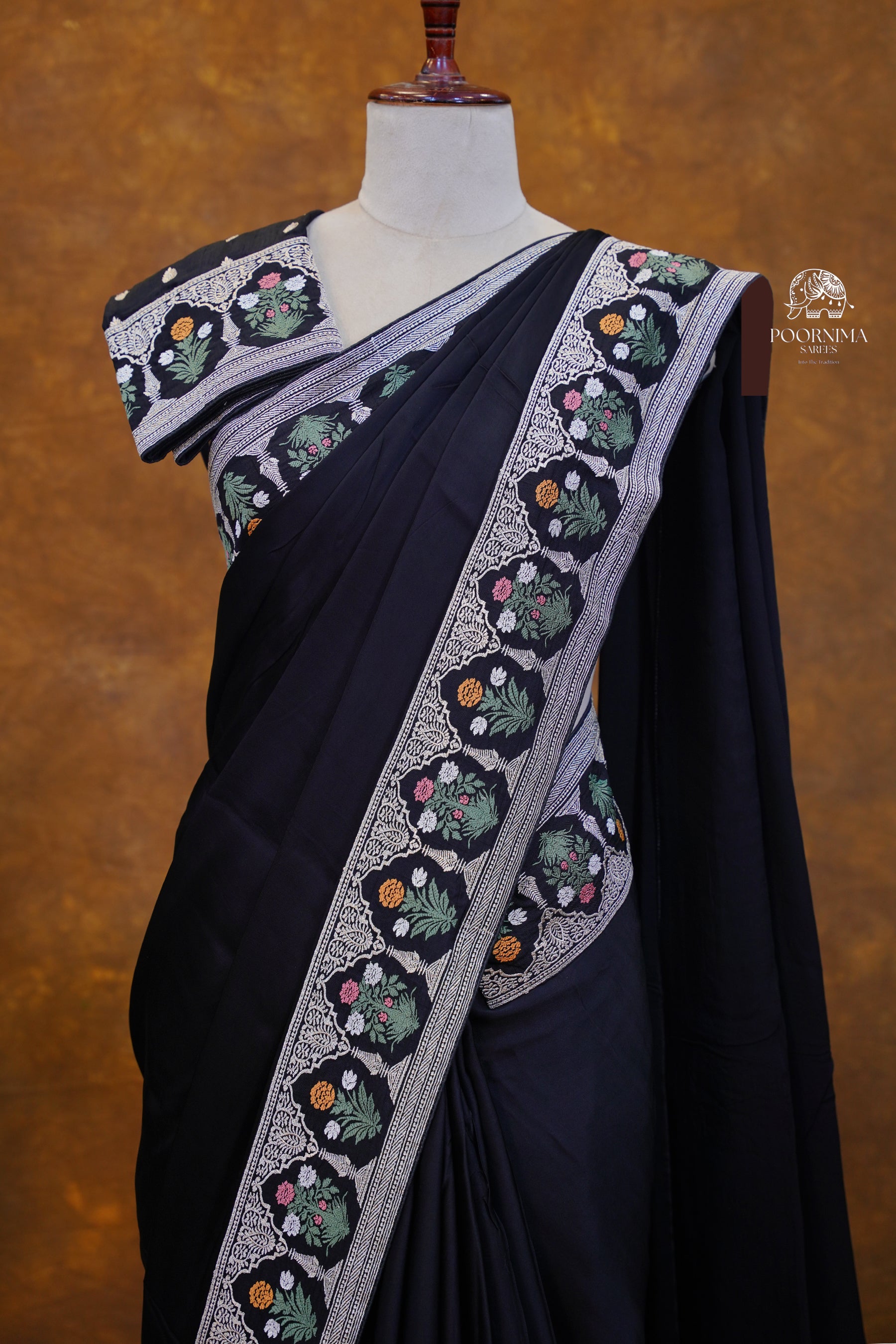 SATIN CRAPE WITH SABYASACHI INSPIRED BORDER SAREE - BLACK