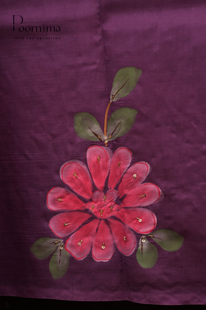 MANGALAGIRI HAND PRINTED SAREE- BRINJAL