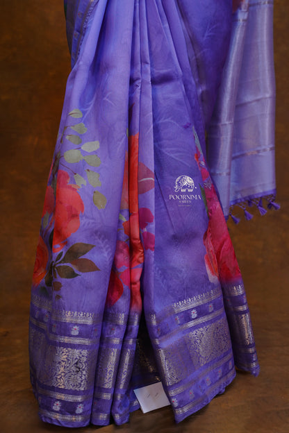 BANARASI SILK FUSION SAREE WITH DIGITAL PRINT-VIOLET