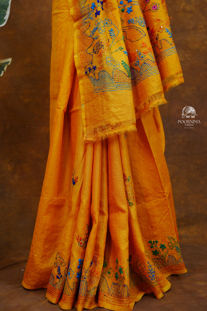 TUSSAR WORK SAREE - YELLOW