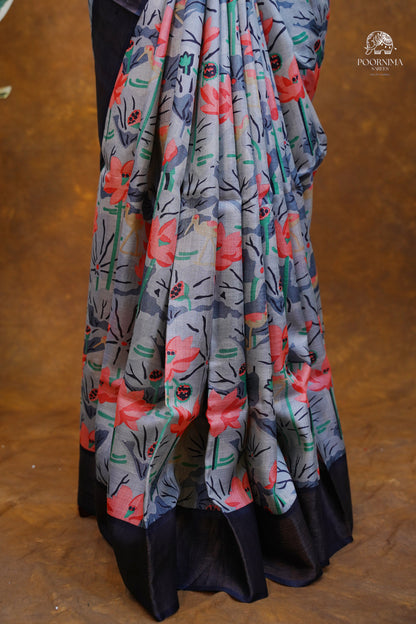 PURE TUSSAR SAREE - GREY