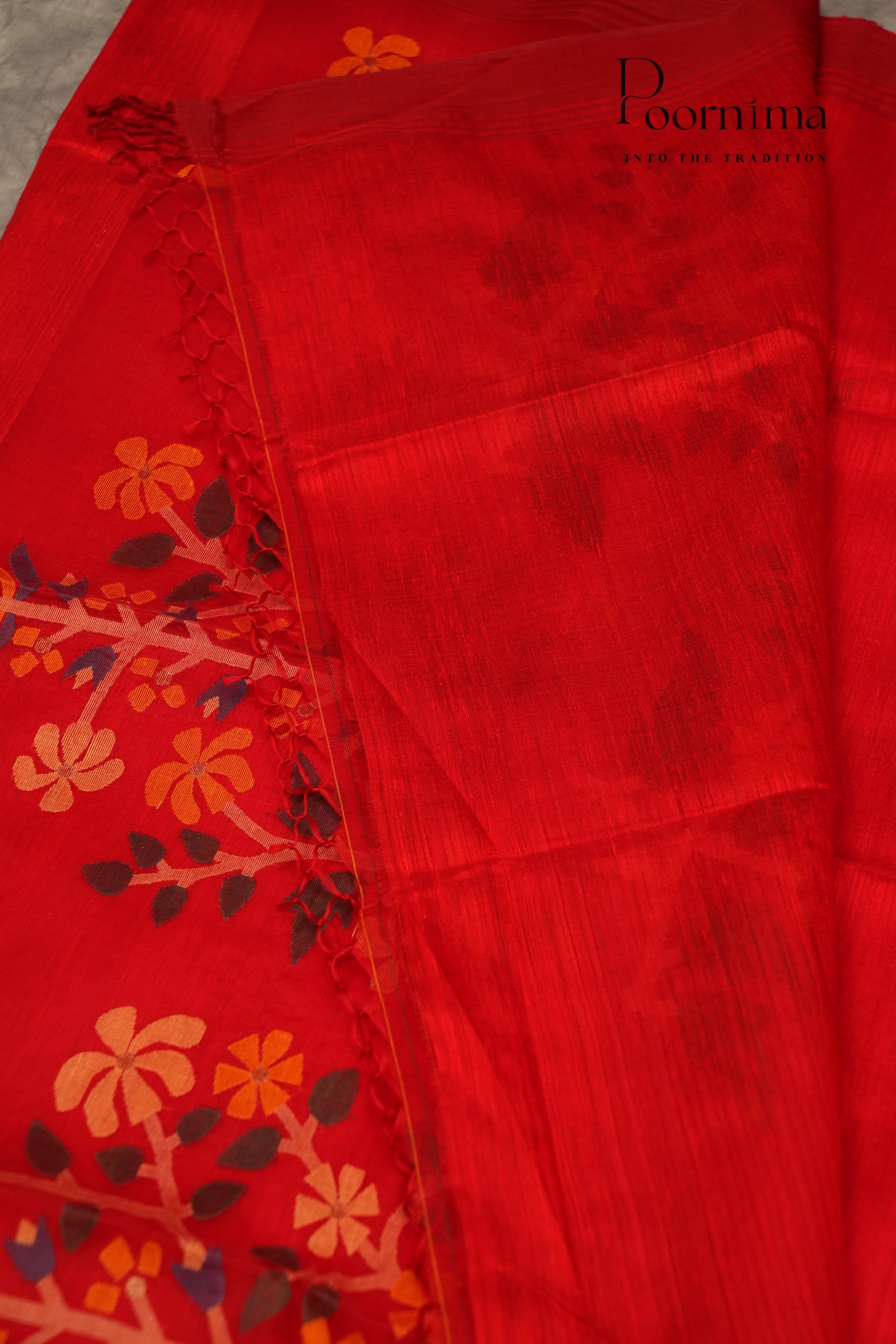 JUTE JAMDANI SAREE- CHERRY RED