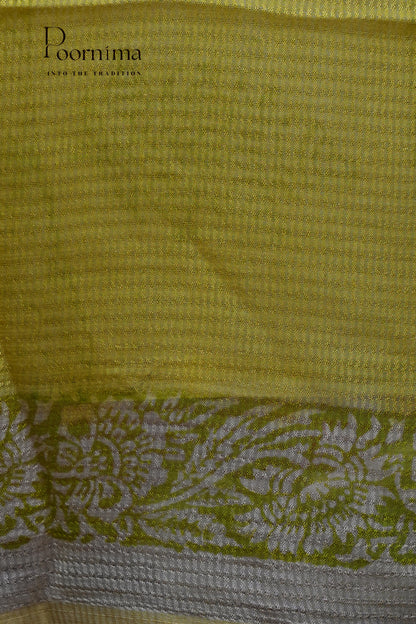 CHECKS GEORGETTE BLOCK PRINT SAREE-LEMON YELLOW
