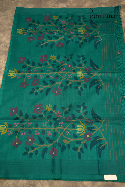 JUTE JAMDANI SAREE- BLUE GREEN