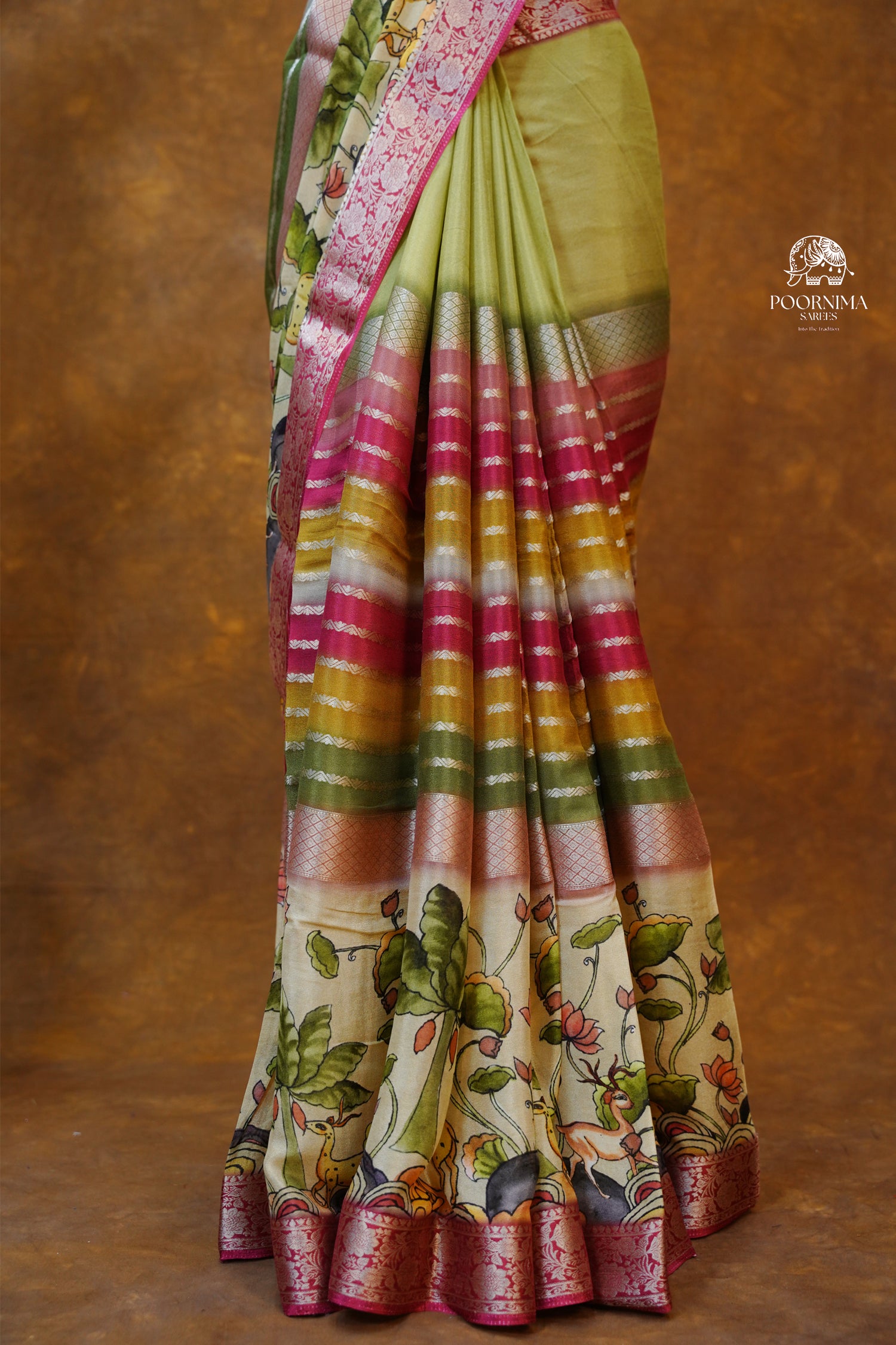 MYSORE CRAPE DIGITAL PRINTED SAREE - OLIVE GREEN