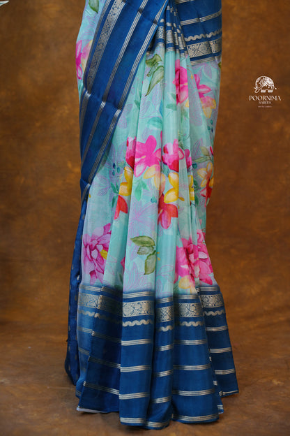 MYSORE CRAPE DIGITAL PRINTED SAREE -SKY BLUE