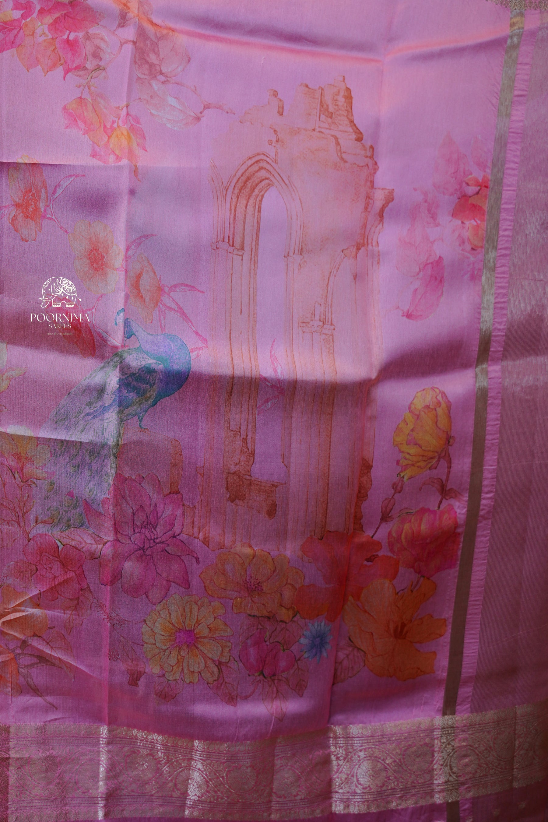 BANARASI SILK FUSION SAREE WITH DIGITAL PRINT-PINK