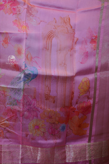 BANARASI SILK FUSION SAREE WITH DIGITAL PRINT-PINK