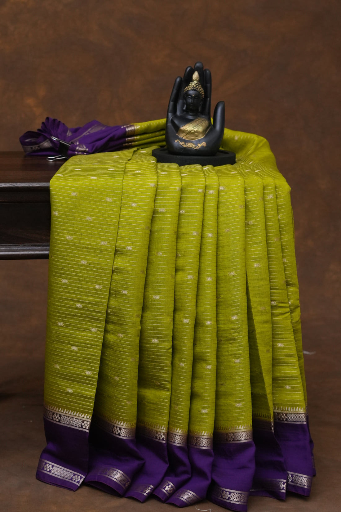 SEMI MYSORE CRAPE SAREE-LEMON GREEN